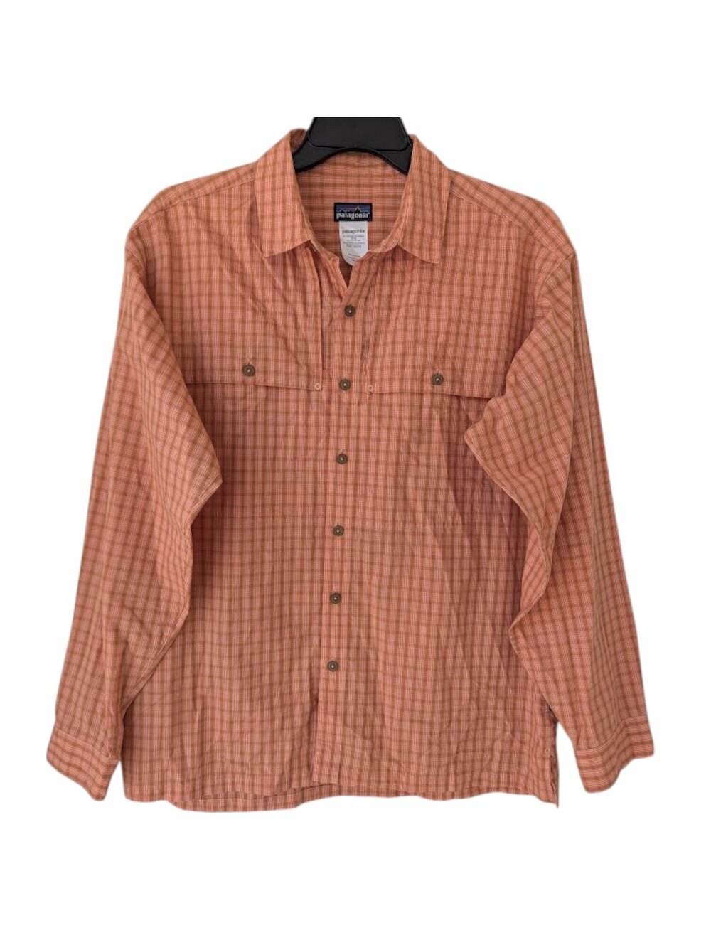 Patagonia Mens L Orange Plaid Self-Guided Long Sleeve Shirt Hike Tee 25x29.5